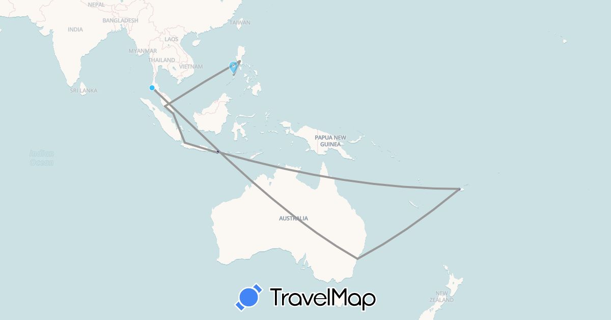 TravelMap itinerary: driving, bus, plane, boat in Australia, Fiji, Indonesia, Malaysia, Philippines, Singapore, Thailand (Asia, Oceania)