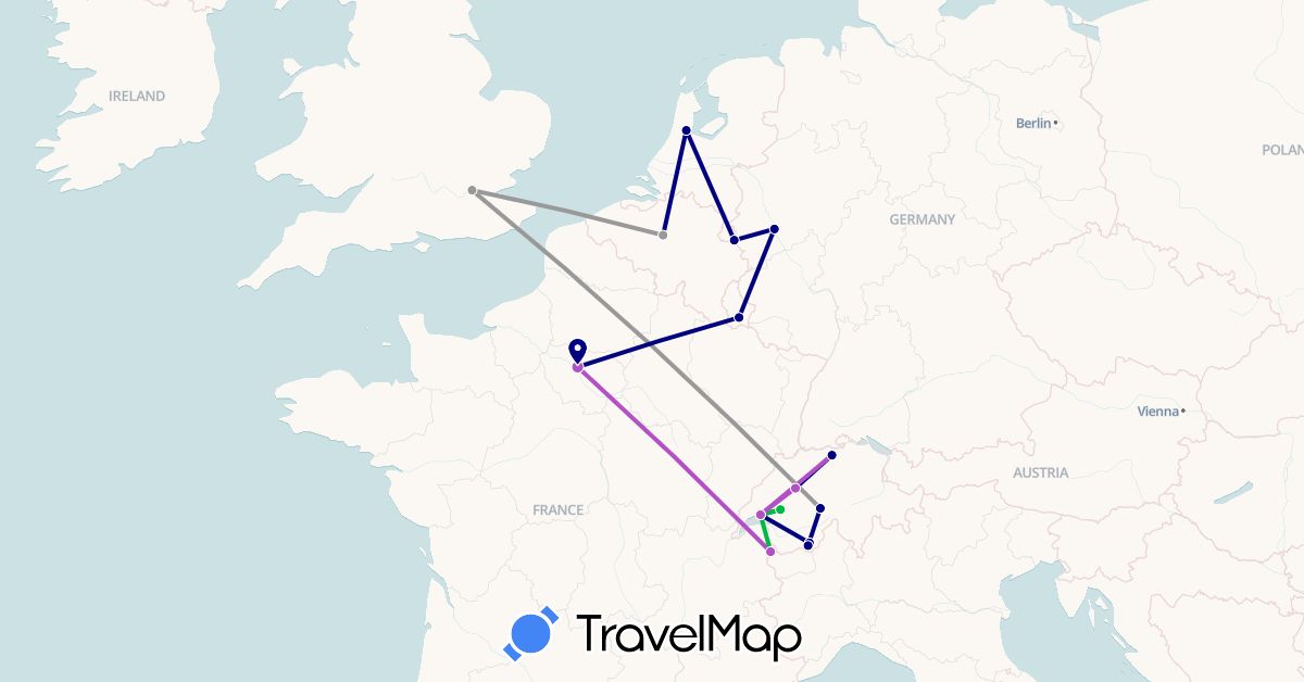 TravelMap itinerary: driving, bus, plane, train in Belgium, Switzerland, Germany, France, United Kingdom, Luxembourg, Netherlands (Europe)